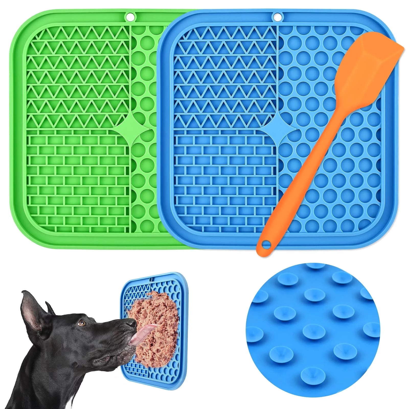 Lick Mat for Dogs,  3Pcs Slow Feeder Dog Bowls with Suction Cups（Green Dog Lick Mat + Blue Lick Mat for Cats + Orange Spatula） for Dog Treats & Cat Food (Anti-Slip, Food Grade Silicone)