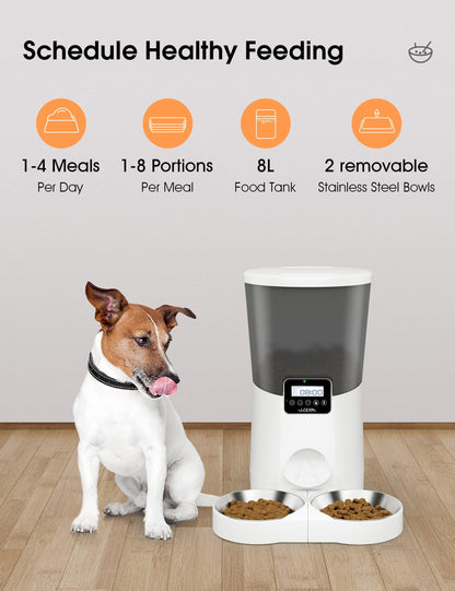 Automatic Dog Feeders, Pet Food Dispenser, Cat Feeder with Dual Stainless Steel Bowl for 2 Cats Pets, 8L, White