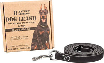 Leather Dog Training Leash - Black 6 Ft Long X 3/4" Wide Dog Walking Leash Best for Medium Large Dogs, Latigo Leather Dog Lead & Puppy Trainer Leash