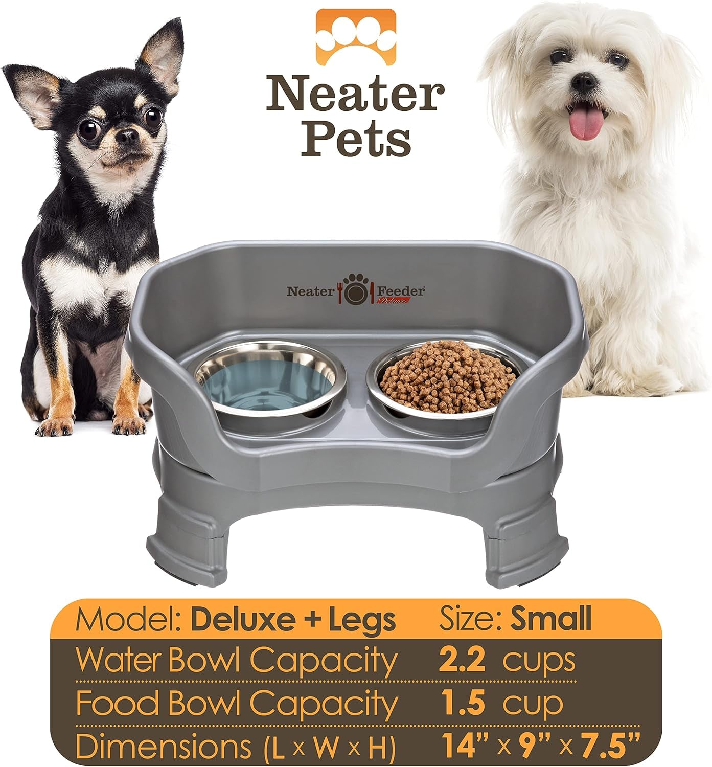 Neater Feeder - Deluxe Model Adjustable Height - Mess-Proof Dog Bowls (Small, Gunmetal) - Made in USA - Elevated, No Spill, Non-Tip, Non-Slip, Raised Stainless Steel Food & Water Pet Bowls