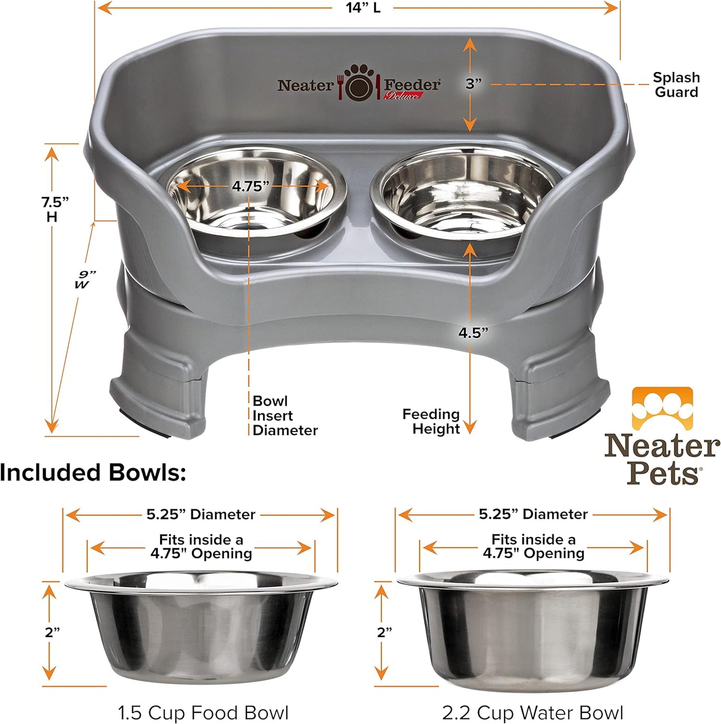 Neater Feeder - Deluxe Model Adjustable Height - Mess-Proof Dog Bowls (Small, Gunmetal) - Made in USA - Elevated, No Spill, Non-Tip, Non-Slip, Raised Stainless Steel Food & Water Pet Bowls