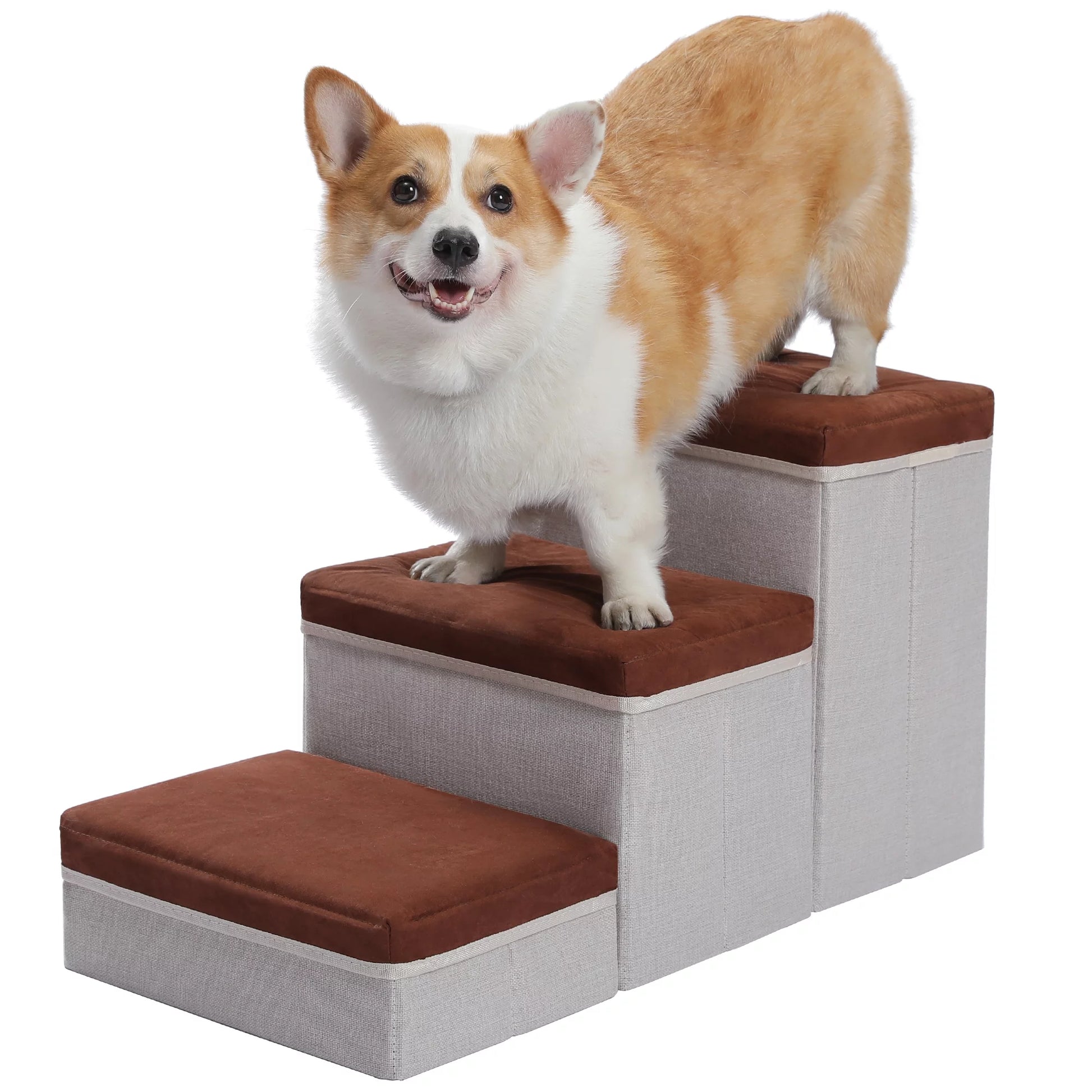 Pet Stairs 3-Step Dog Ramp Ladder with Storage Boxes Folding Cat Dog Ramp for High Bed Couches,Brown