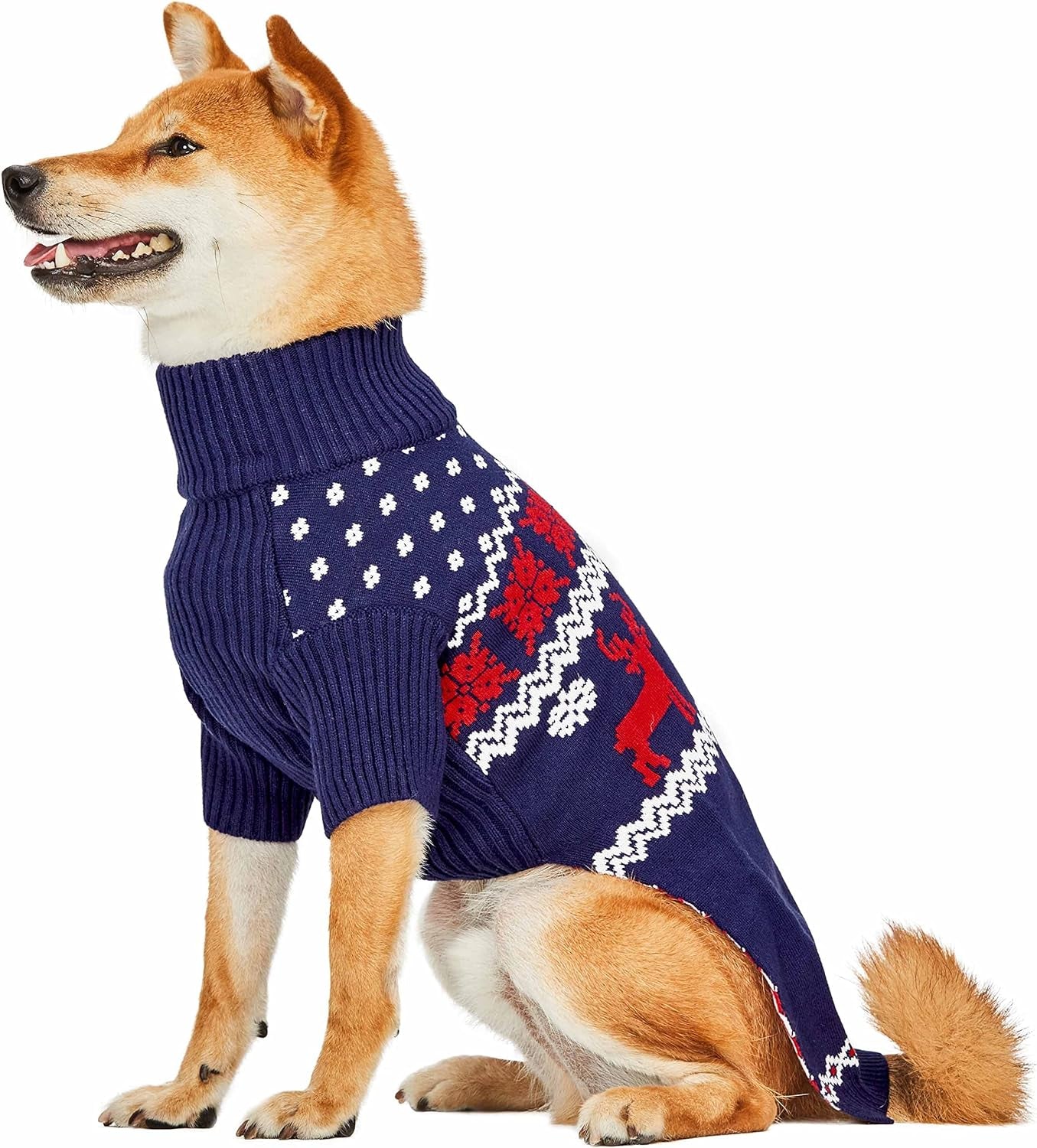 Christmas Reindeer and Snowflake Dog Sweater in Royal Blue, Back Length 18", Pack of 1 Clothes for Dogs