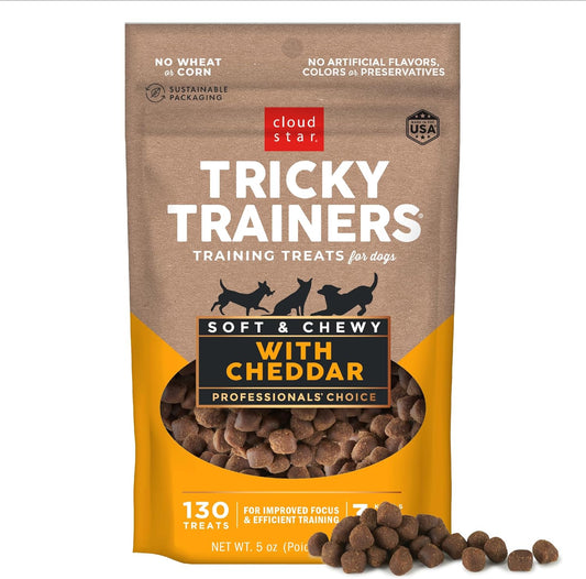 Tricky Trainers Soft & Chewy Dog Training Treats 5 Oz Pouch, Cheddar Flavor, Low Calorie Behavior Aid with 130 Treats